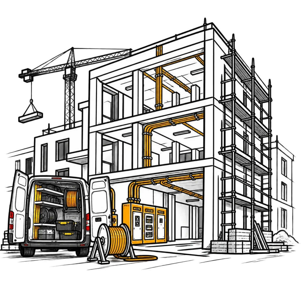 Ilustrácia budovy s elektroinštaláciou počas výstavby