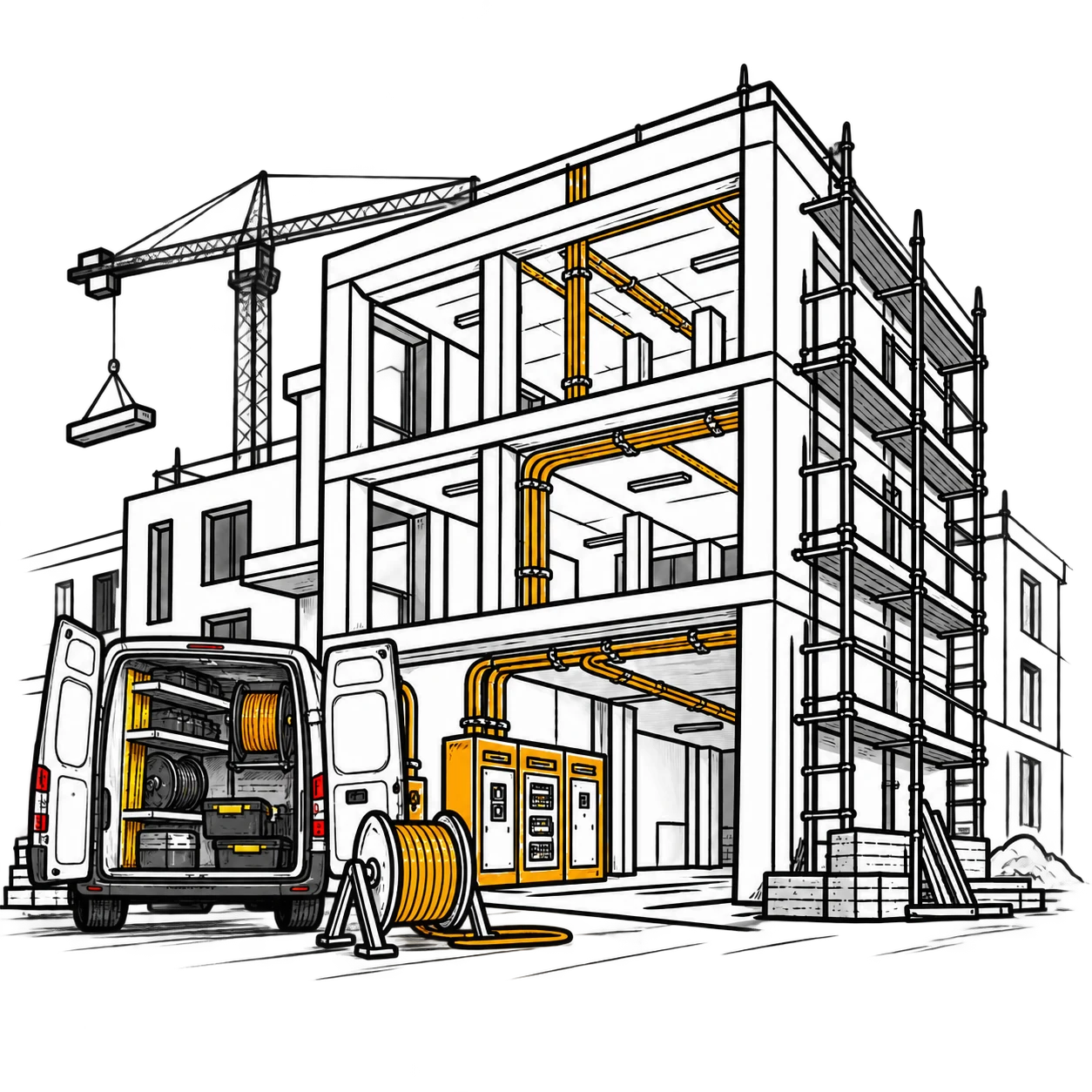 Ilustrácia budovy s elektroinštaláciou počas výstavby